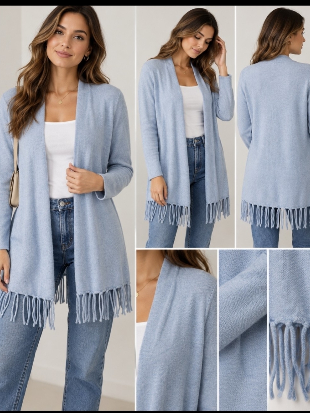 Cashmere Cashmere 100% Cashmere Sky Blue Fringe Open Front Cardigan Small